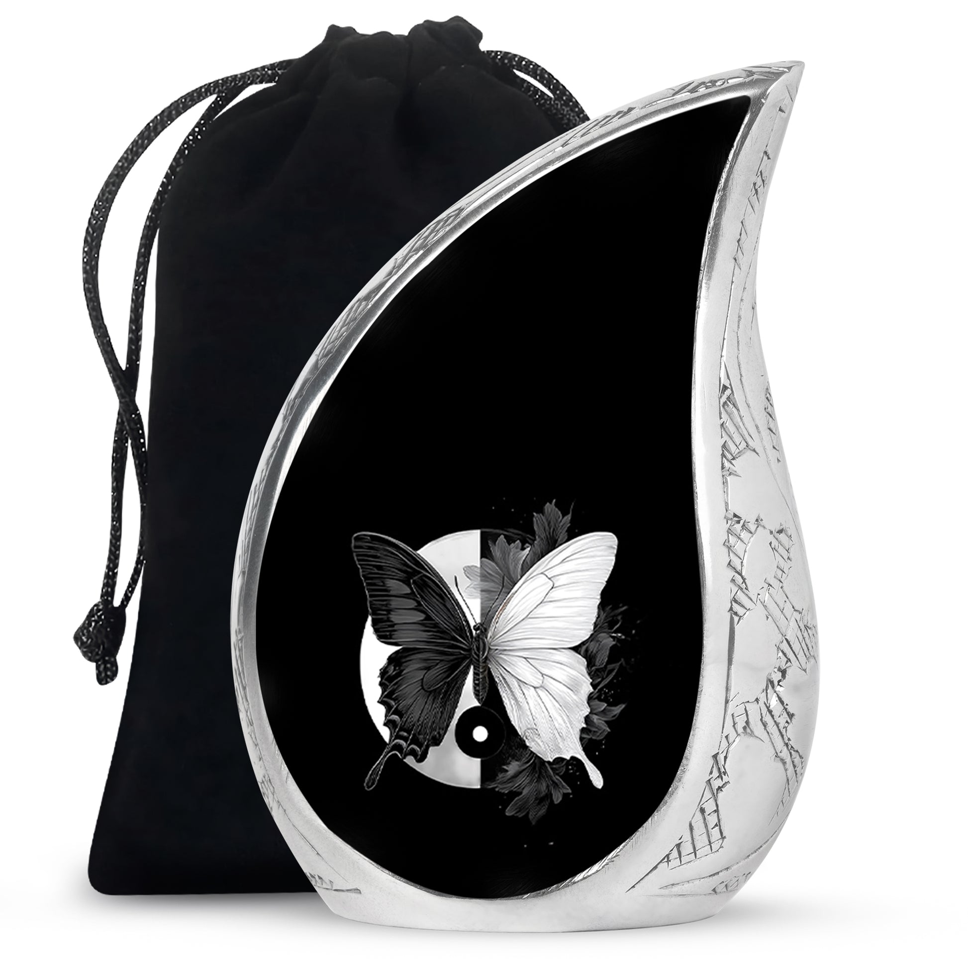Obsidian Black Butterfly Cremation Urn front view showing detailed design - smooth teardrop contour featuring butterfly art - full-size 10 inch 200 cubic inch adult cremation urn