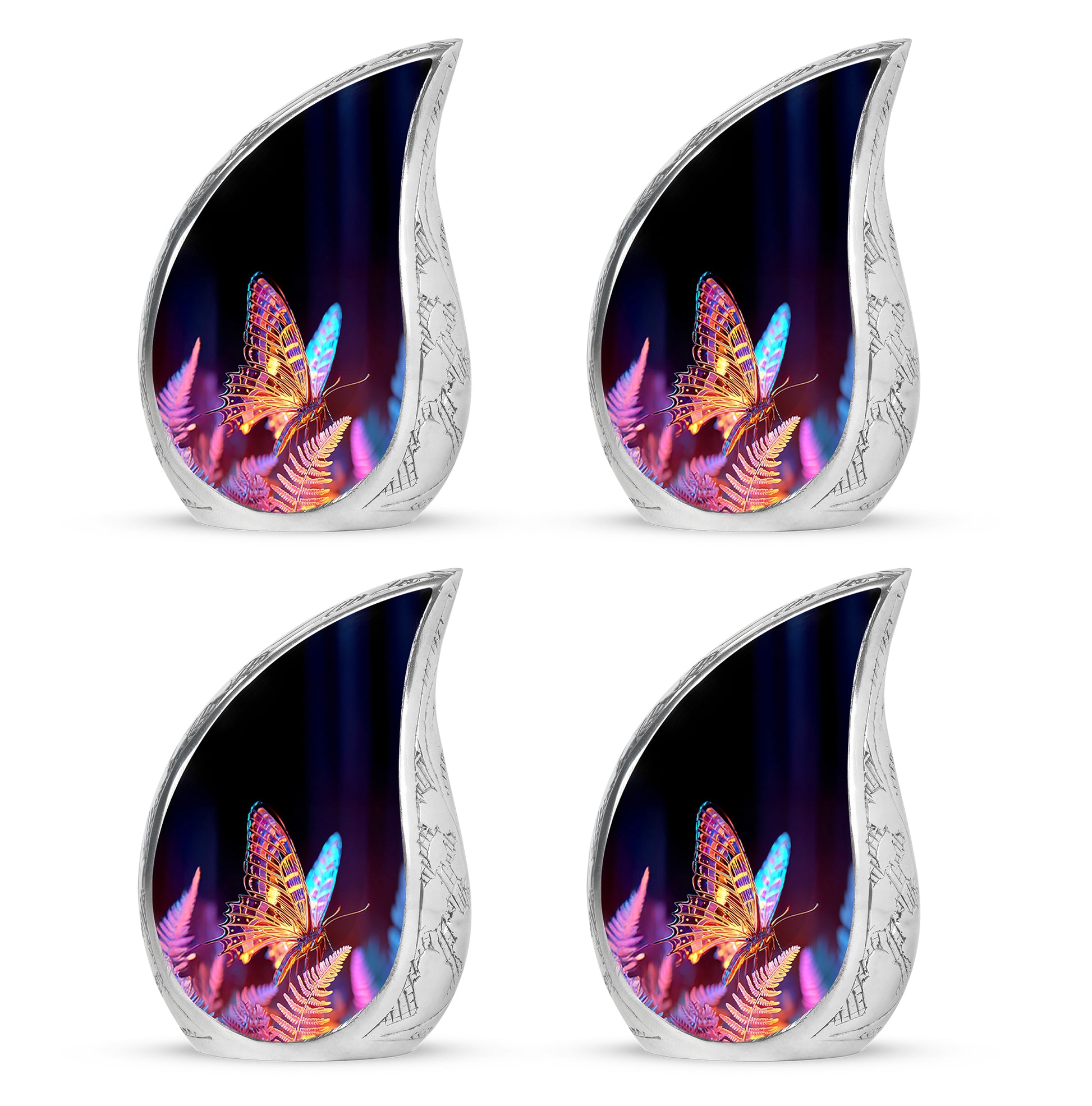 Dark Black Butterfly Cremation Urn close-up of engraving and surface detail - smooth teardrop contour featuring butterfly art - 10 inch aluminum urn for cremated remains