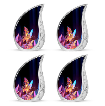 Dark Black Butterfly Cremation Urn close-up of engraving and surface detail - smooth teardrop contour featuring butterfly art - 10 inch aluminum urn for cremated remains
