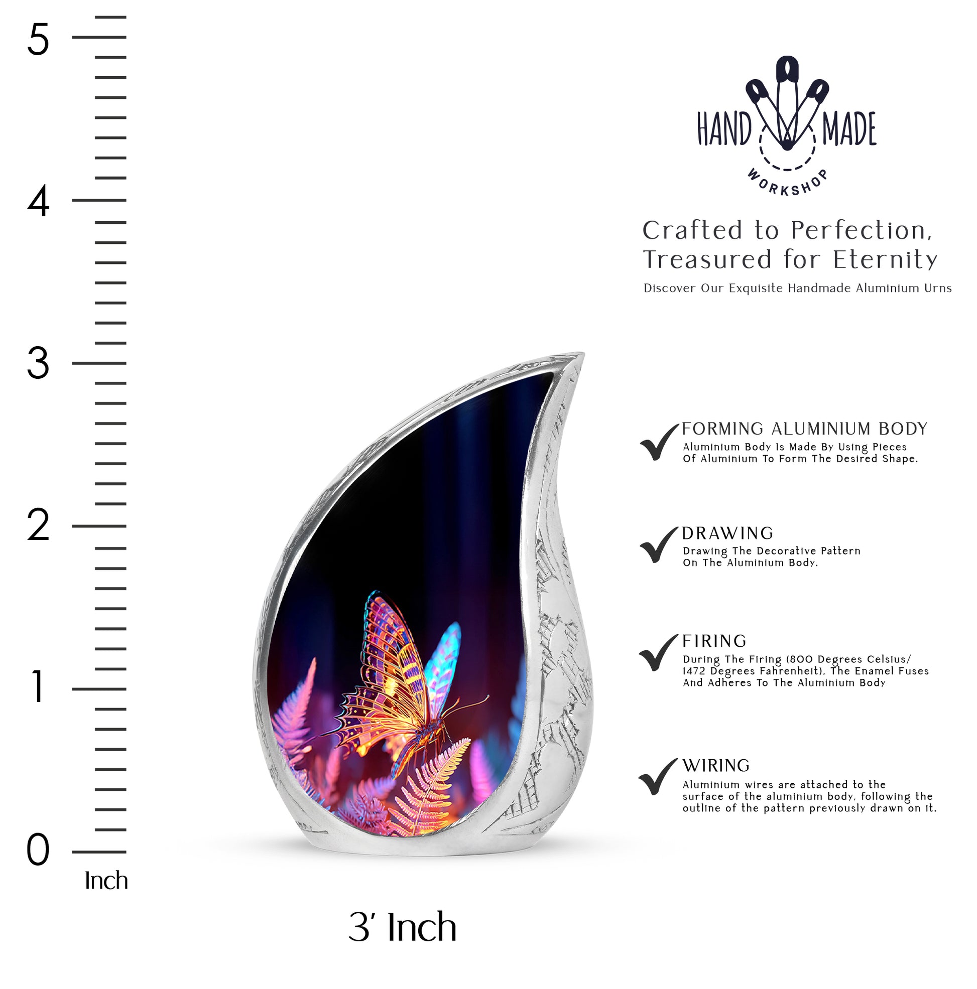 Jet Black Butterfly Cremation Urn angled view of lid and engraved motif - flowing teardrop butterfly silhouette on curved aluminum - mini keepsake memorial for portion of cremation ashes