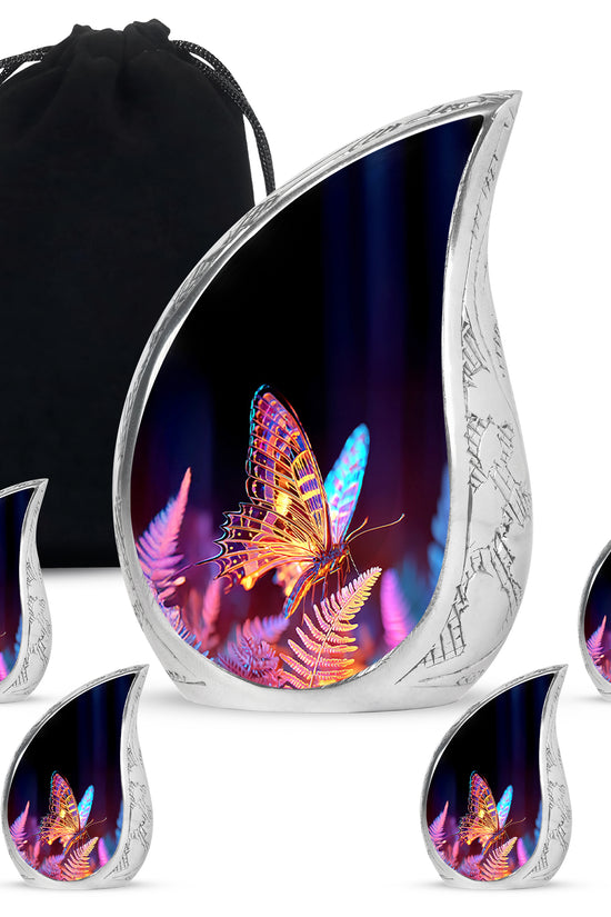 Dark Black Butterfly Cremation Urn side profile showing urn shape - smooth teardrop contour featuring butterfly art - memorial set with one large and four small urns