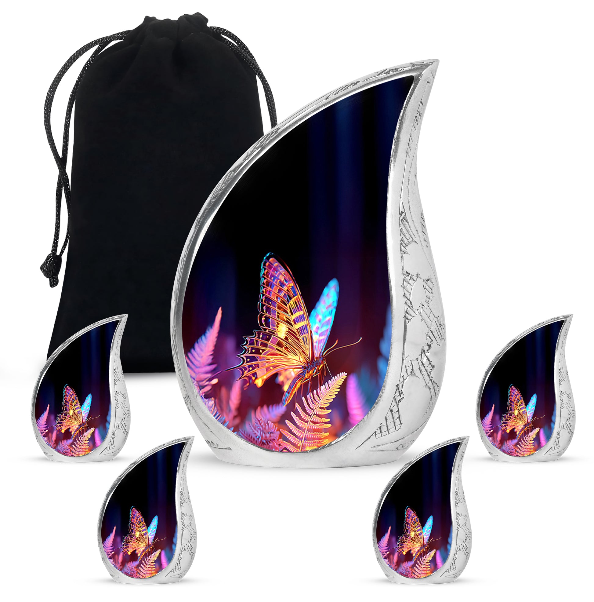 Dark Black Butterfly Cremation Urn side profile showing urn shape - smooth teardrop contour featuring butterfly art - memorial set with one large and four small urns