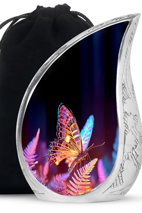 Ebony Butterfly Cremation Urn front view showing detailed design - flowing teardrop butterfly silhouette on curved aluminum - full-size 10 inch 200 cubic inch adult cremation urn