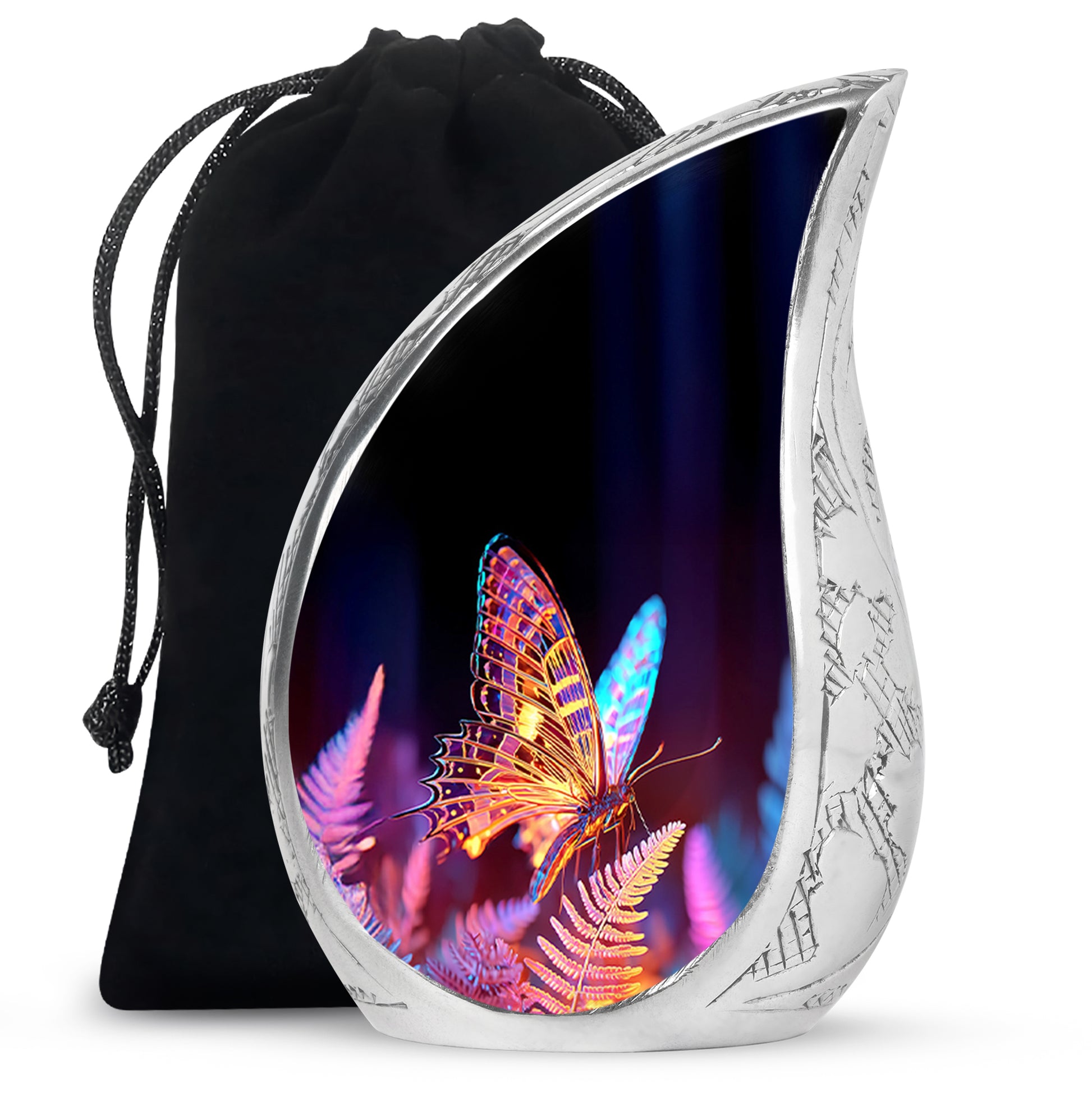 Ebony Butterfly Cremation Urn front view showing detailed design - flowing teardrop butterfly silhouette on curved aluminum - full-size 10 inch 200 cubic inch adult cremation urn