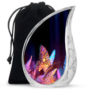 Ebony Butterfly Cremation Urn front view showing detailed design - flowing teardrop butterfly silhouette on curved aluminum - full-size 10 inch 200 cubic inch adult cremation urn