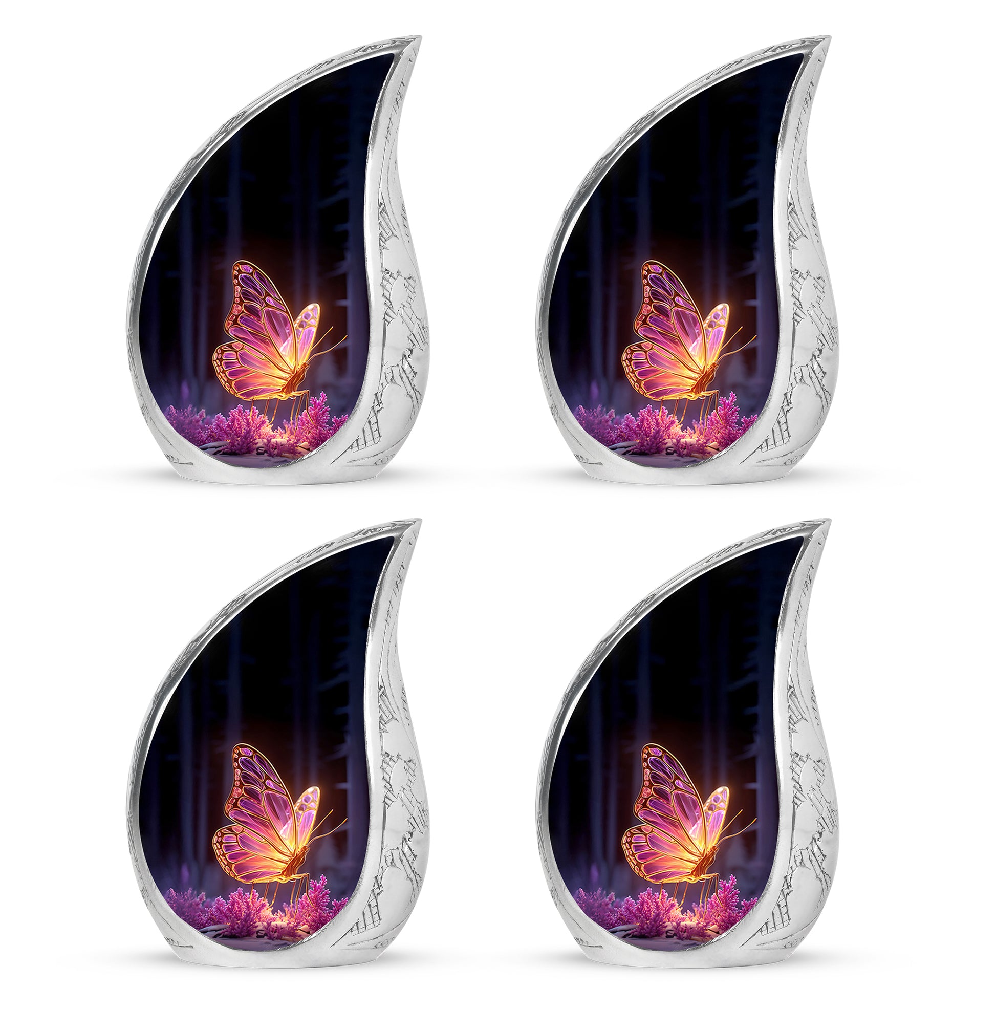 Ebony Butterfly Cremation Urn close-up of engraving and surface detail - flowing teardrop butterfly silhouette on curved aluminum - 10 inch aluminum urn for cremated remains