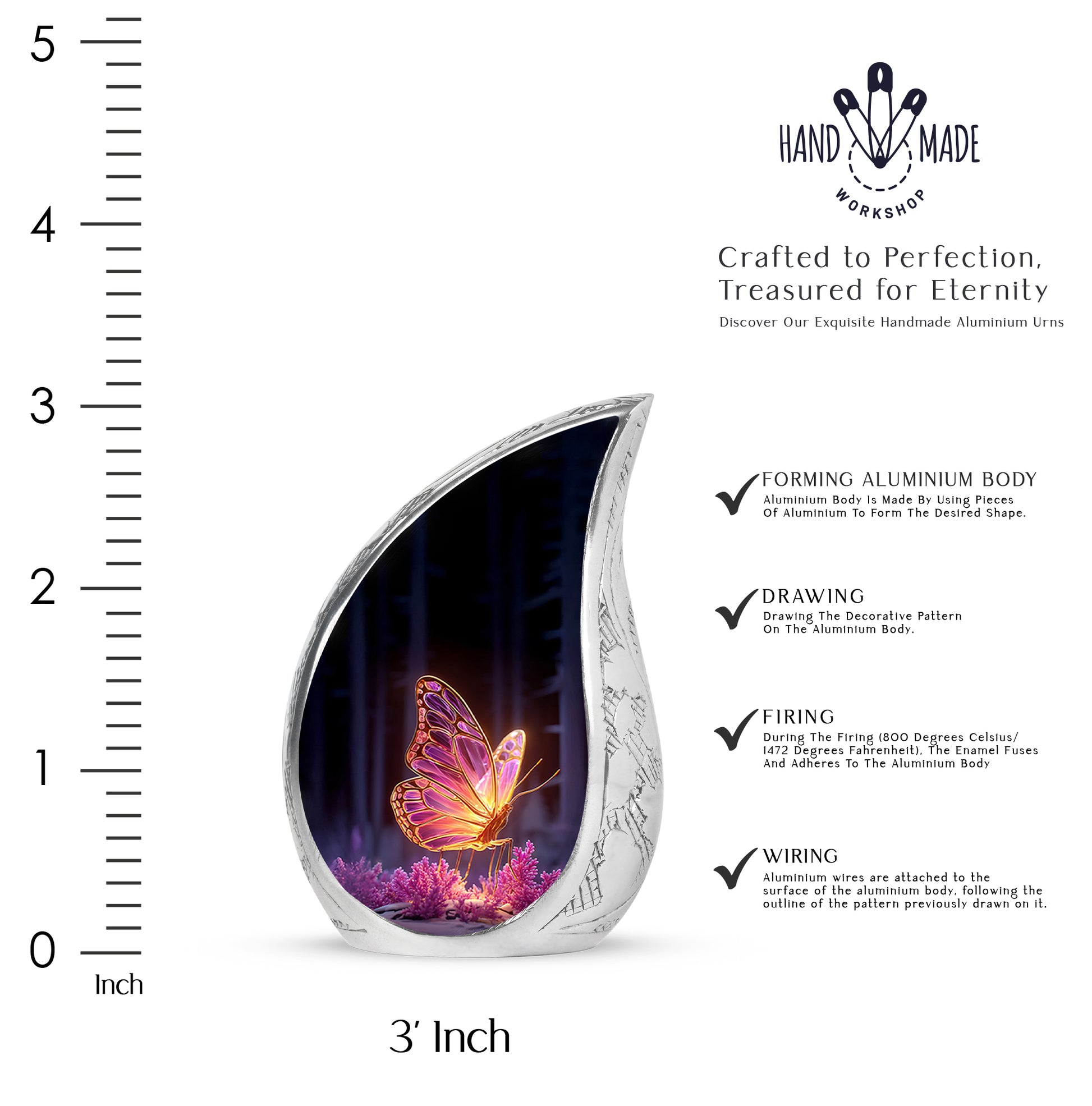 Rich Black Butterfly Cremation Urn angled view of lid and engraved motif - flowing teardrop butterfly silhouette on curved aluminum - mini keepsake memorial for portion of cremation ashes