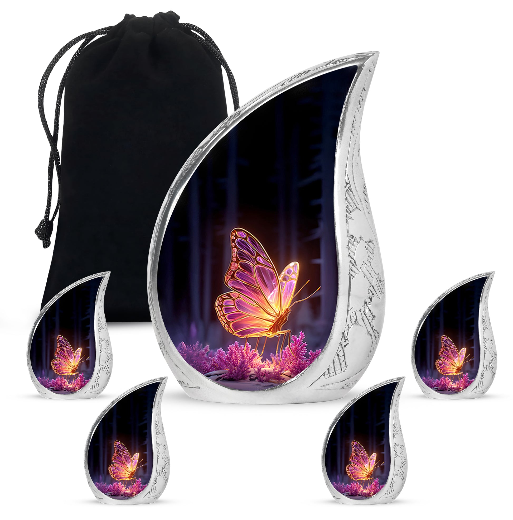 Glossy Black Butterfly Cremation Urn side profile showing urn shape - rounded teardrop butterfly design with delicate detail - memorial set with one large and four small urns