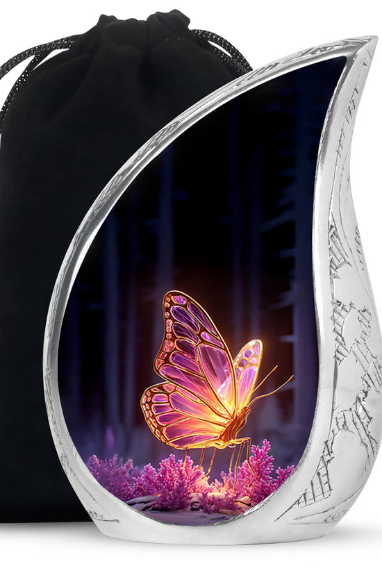 Obsidian Black Butterfly Cremation Urn front view showing detailed design - graceful tear-shaped urn with butterfly motif - full-size 10 inch 200 cubic inch adult cremation urn