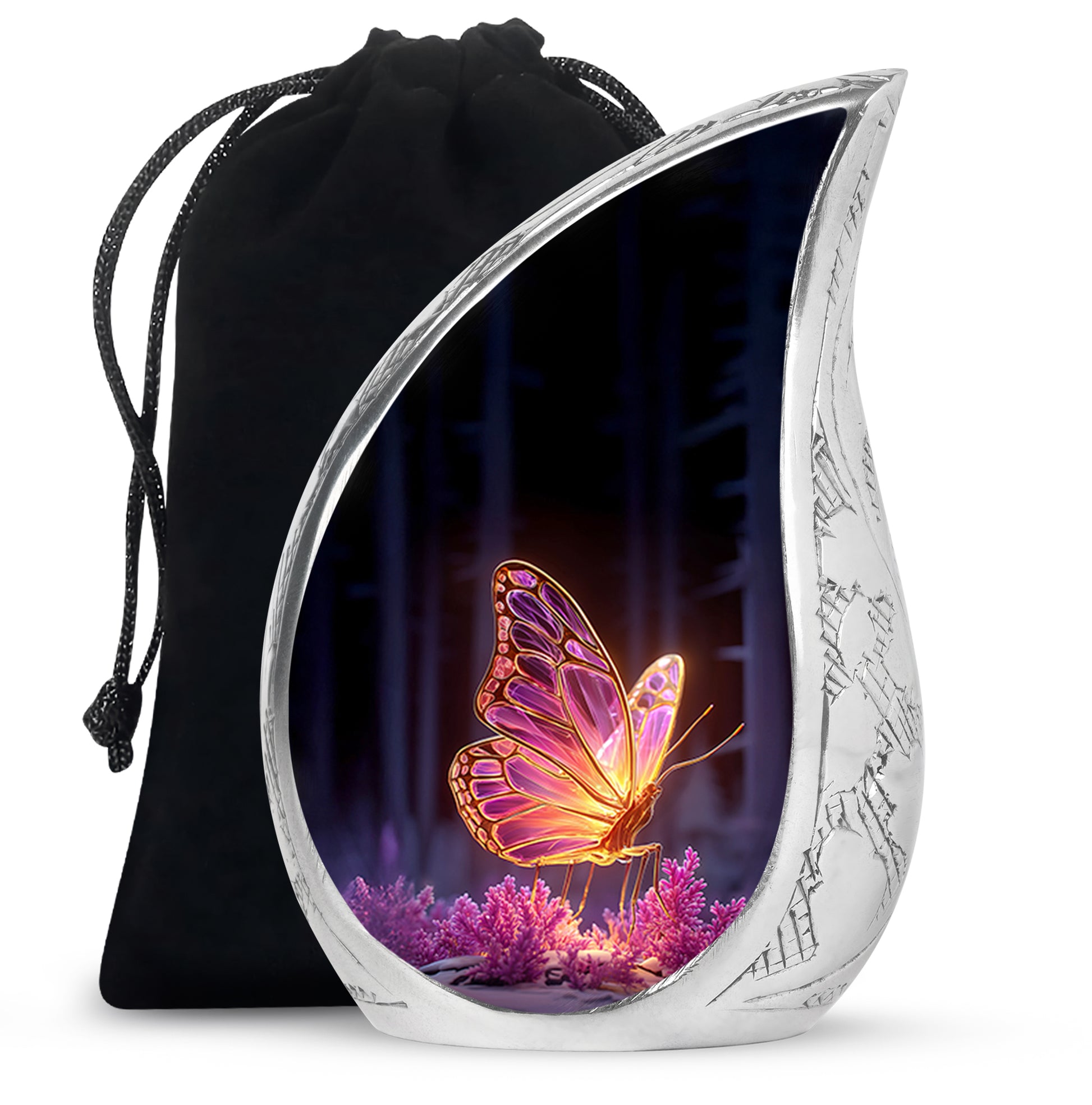 Obsidian Black Butterfly Cremation Urn front view showing detailed design - graceful tear-shaped urn with butterfly motif - full-size 10 inch 200 cubic inch adult cremation urn