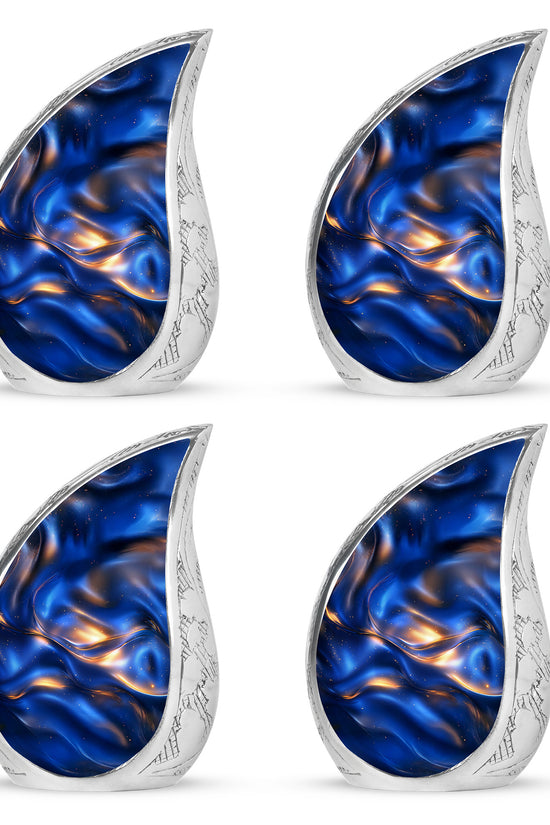 Misty Blue Blue Cremation Urn close-up of engraving and surface detail - rounded teardrop blue design with delicate detail - 10 inch aluminum urn for cremated remains