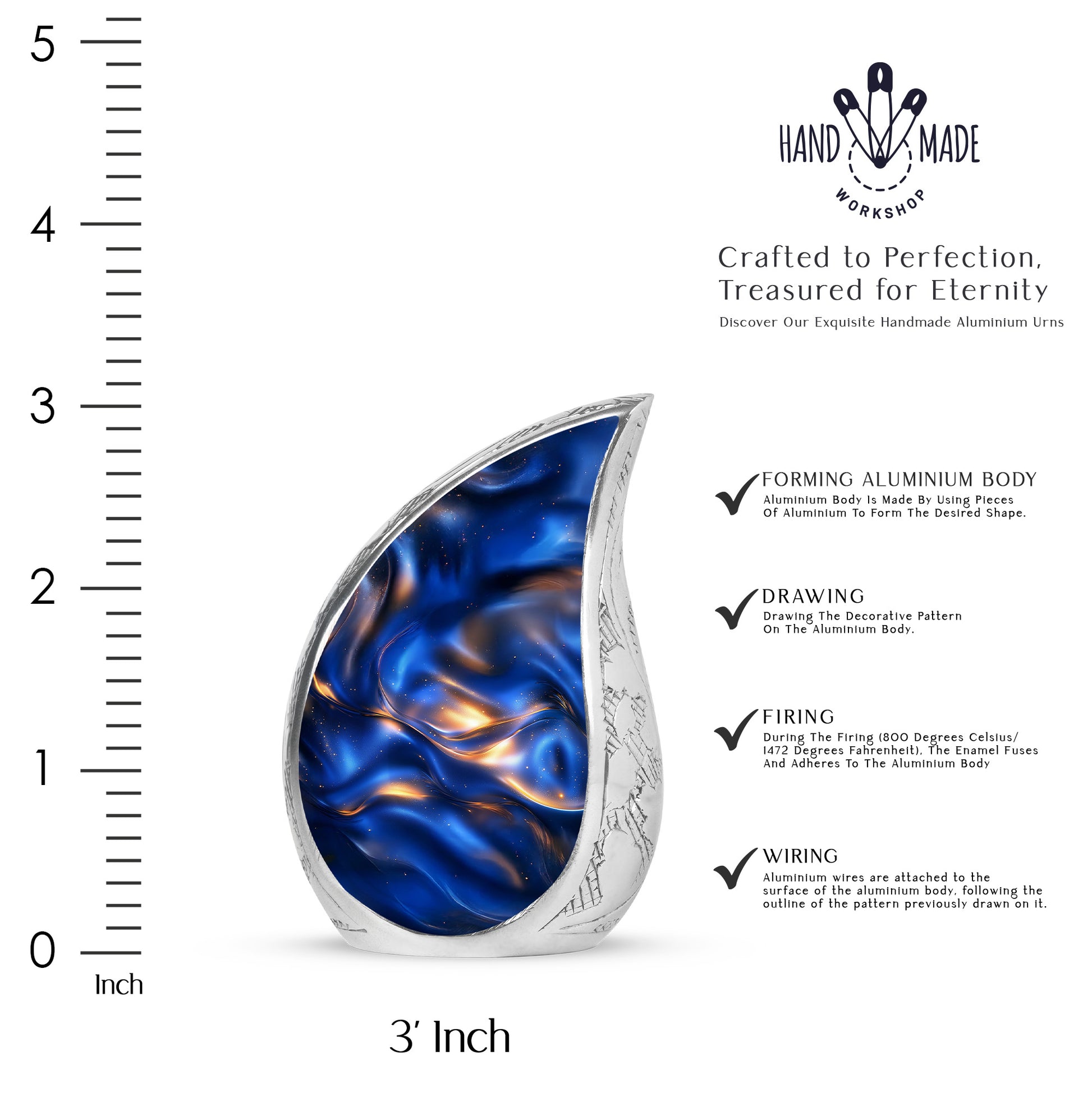 Cornflower Blue Blue Cremation Urn angled view of lid and engraved motif - smooth teardrop contour featuring blue art - mini keepsake memorial for portion of cremation ashes