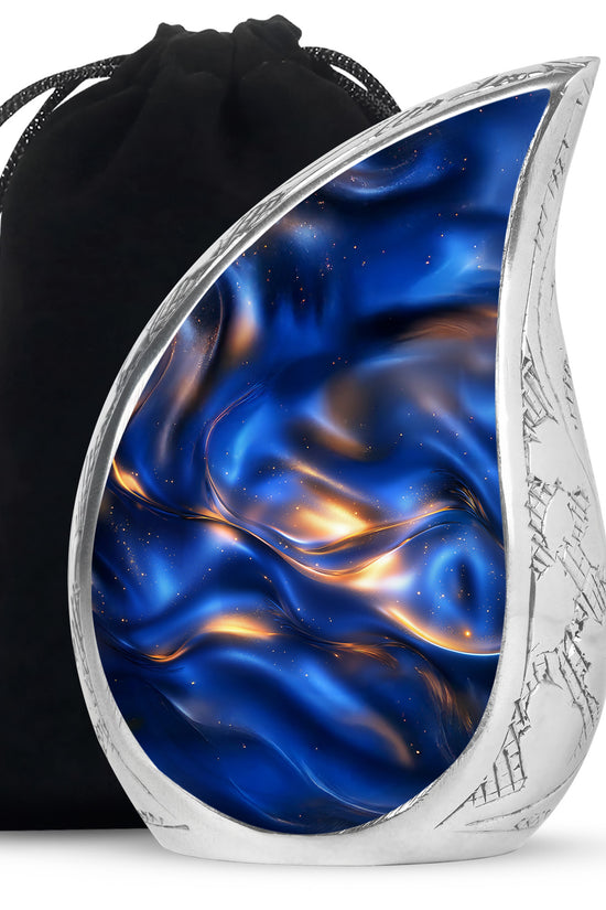 Soft Blue Blue Cremation Urn front view showing detailed design - graceful tear-shaped urn with blue motif - full-size 10 inch 200 cubic inch adult cremation urn