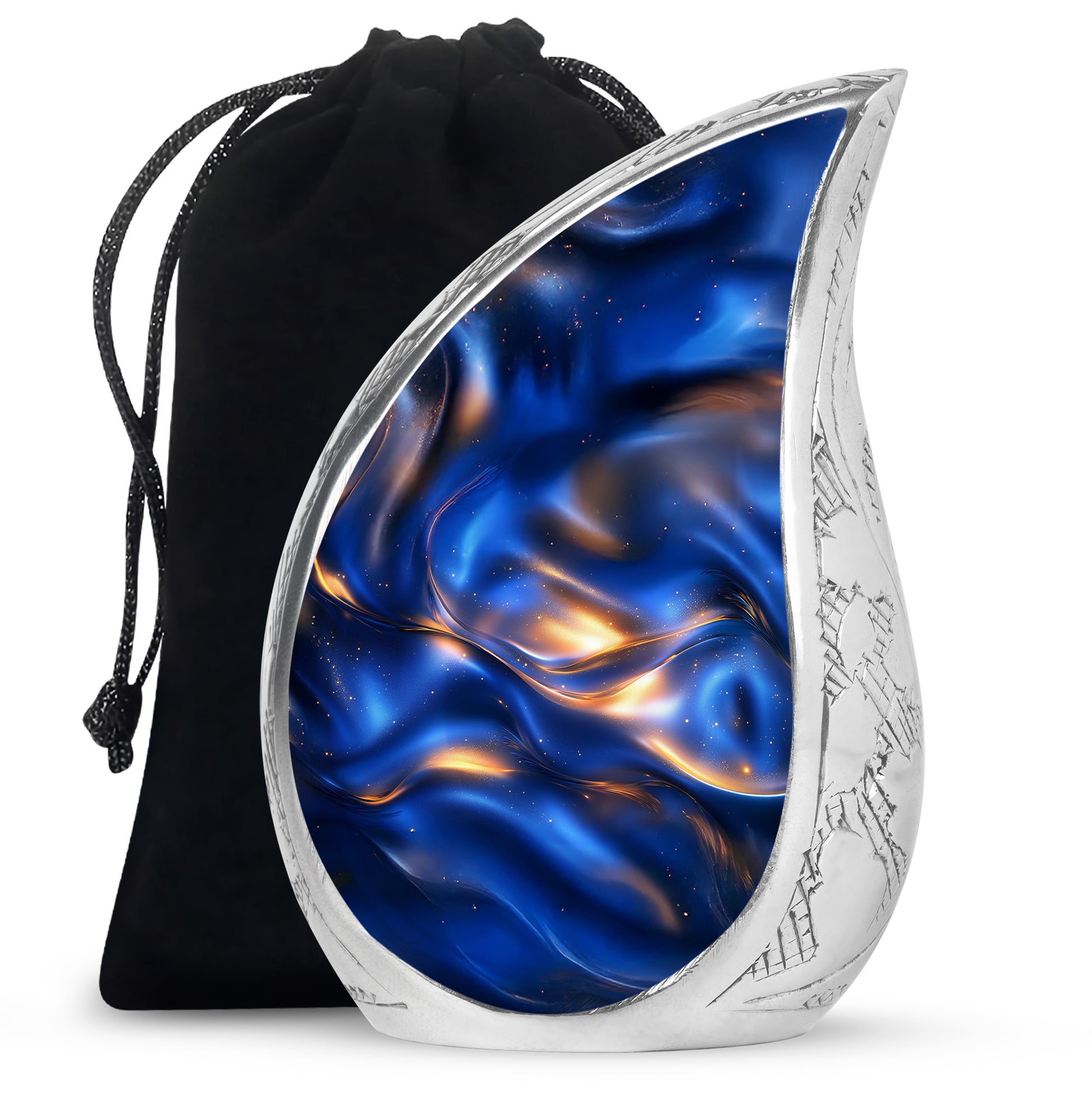 Soft Blue Blue Cremation Urn front view showing detailed design - graceful tear-shaped urn with blue motif - full-size 10 inch 200 cubic inch adult cremation urn