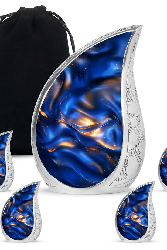 Calming Blue Blue Cremation Urn side profile showing urn shape - smooth teardrop contour featuring blue art - memorial set with one large and four small urns