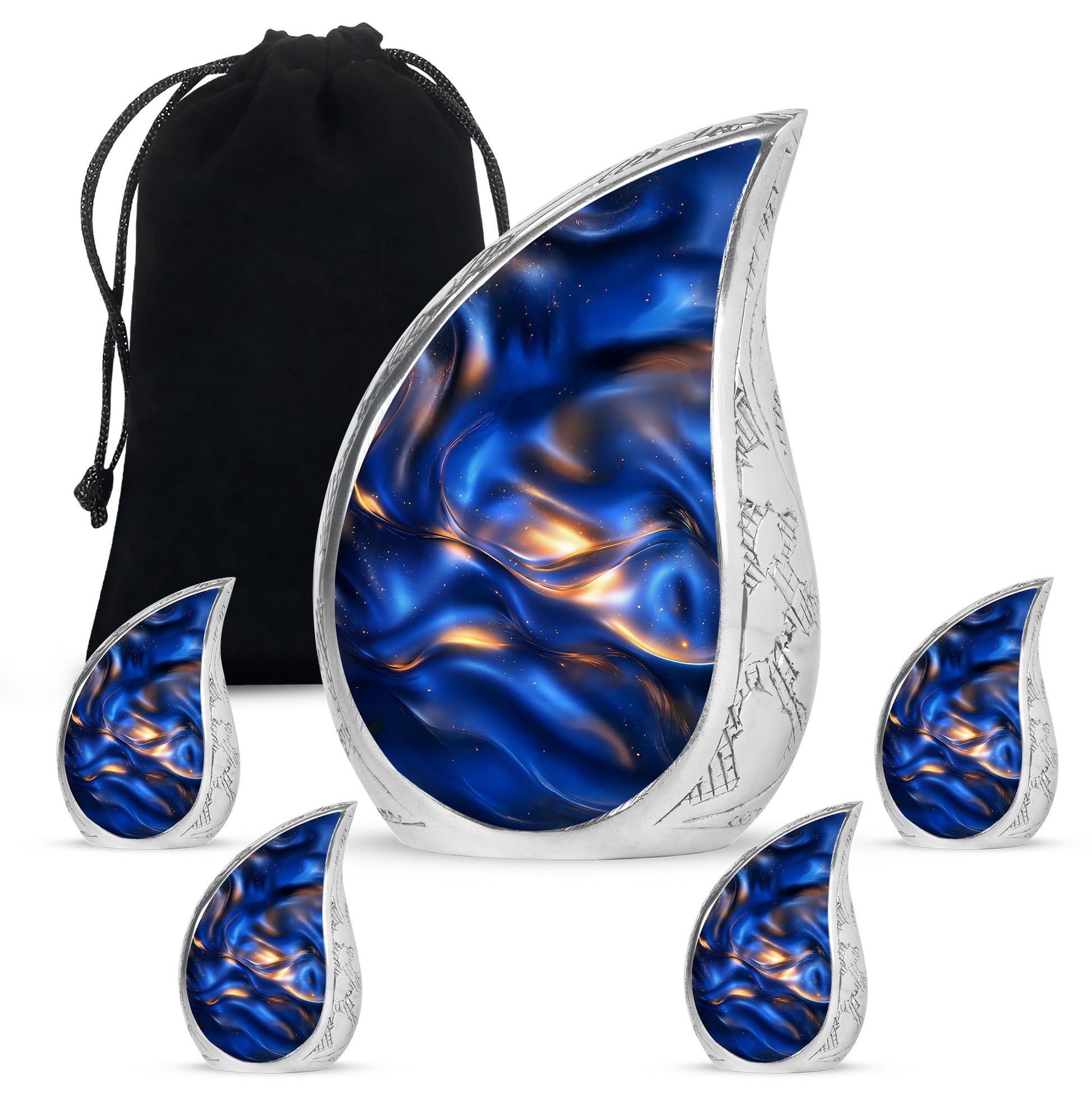 Calming Blue Blue Cremation Urn side profile showing urn shape - smooth teardrop contour featuring blue art - memorial set with one large and four small urns
