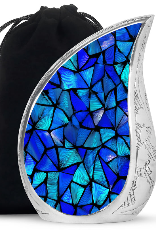 Cobalt Blue Blue Cremation Urn front view showing detailed design - smooth teardrop contour featuring blue art - full-size 10 inch 200 cubic inch adult cremation urn