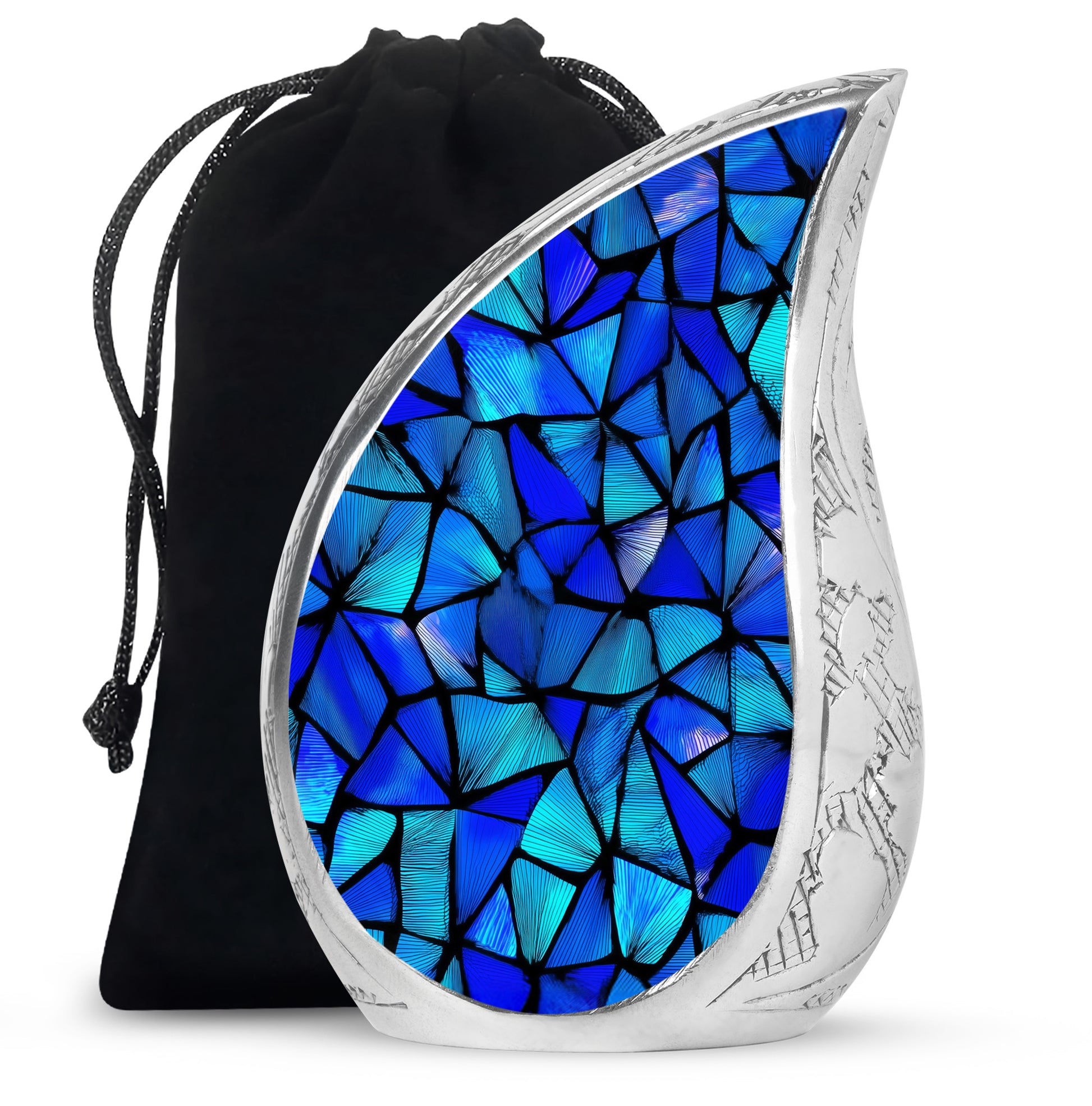 Cobalt Blue Blue Cremation Urn front view showing detailed design - smooth teardrop contour featuring blue art - full-size 10 inch 200 cubic inch adult cremation urn