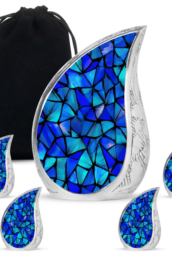 Twilight Blue Blue Cremation Urn side profile showing urn shape - graceful tear-shaped urn with blue motif - memorial set with one large and four small urns
