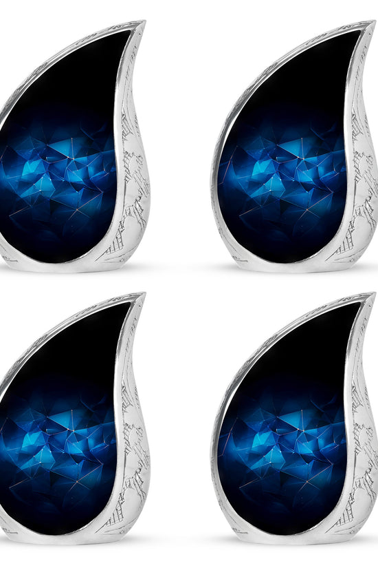 Icy Blue Blue Cremation Urn close-up of engraving and surface detail - rounded teardrop blue design with delicate detail - 10 inch aluminum urn for cremated remains