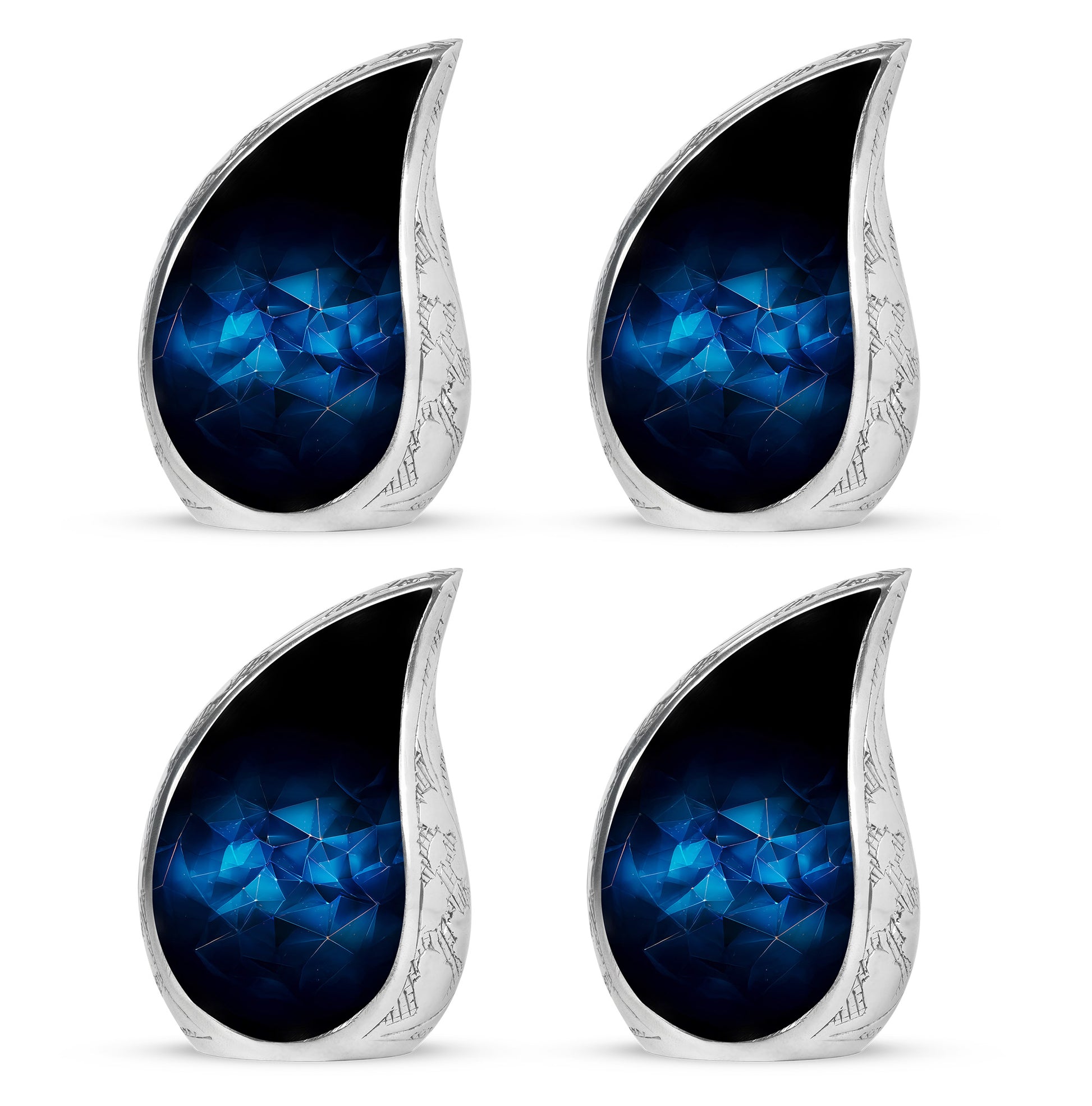 Icy Blue Blue Cremation Urn close-up of engraving and surface detail - rounded teardrop blue design with delicate detail - 10 inch aluminum urn for cremated remains