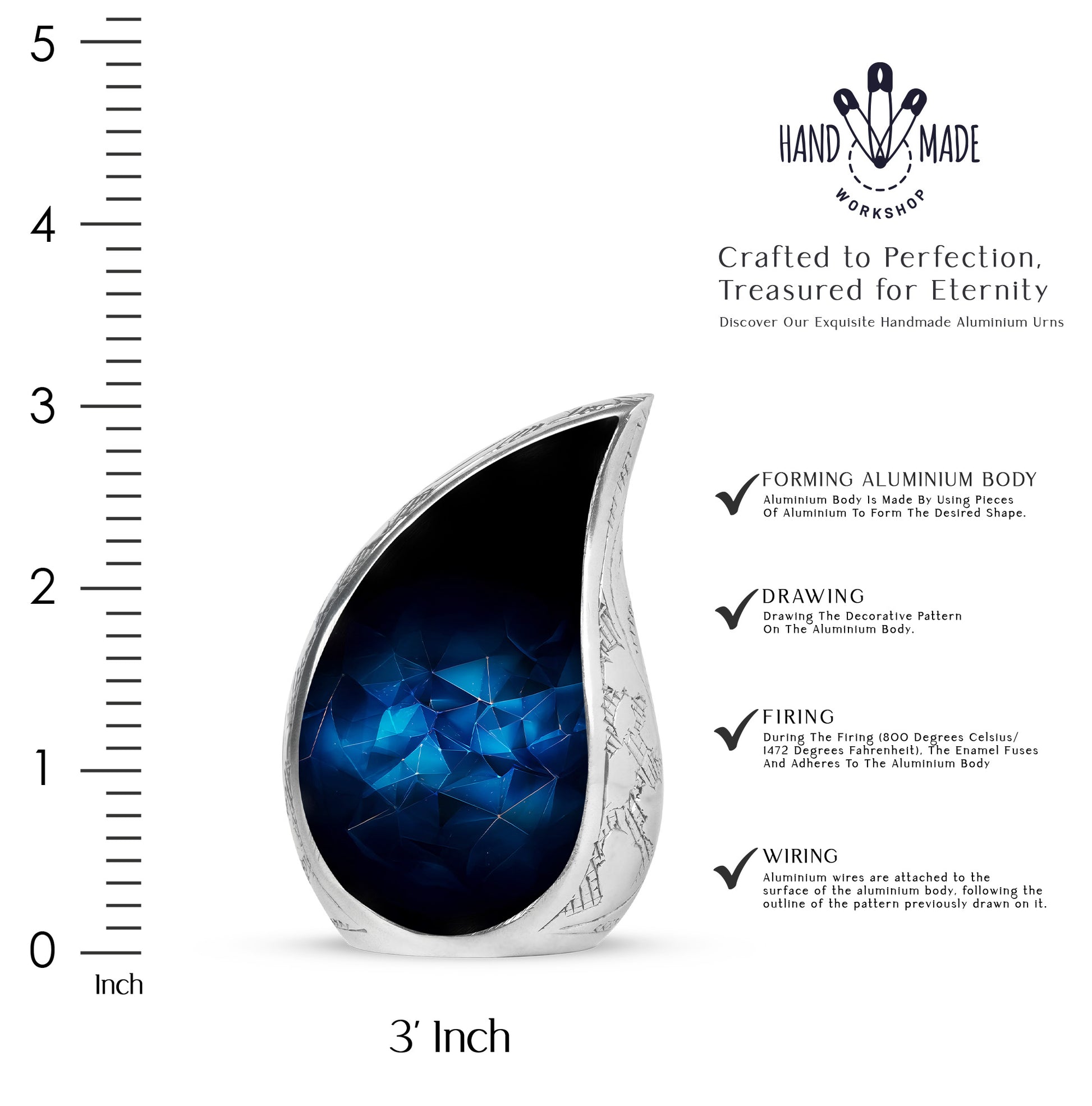 Calming Blue Blue Cremation Urn angled view of lid and engraved motif - smooth teardrop contour featuring blue art - mini keepsake memorial for portion of cremation ashes