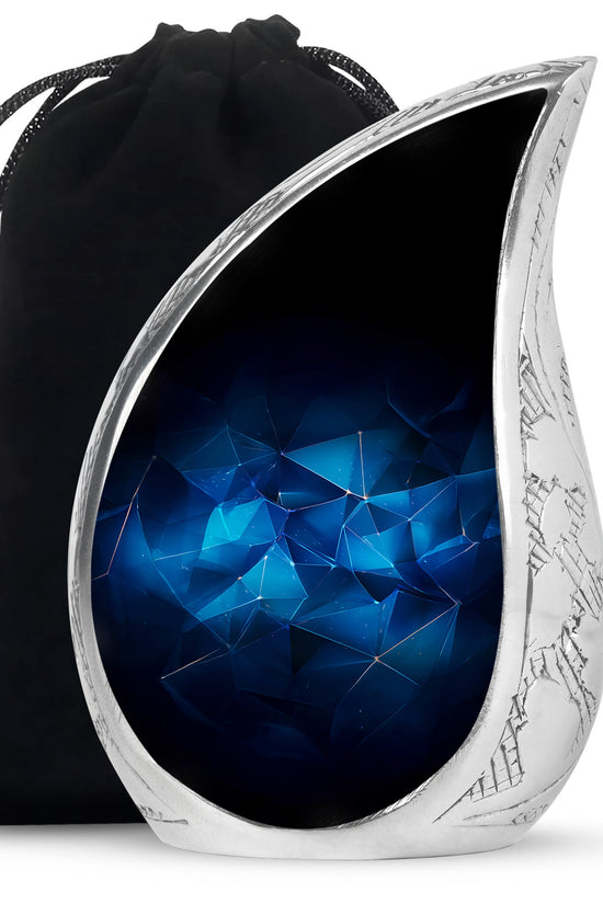 Sky Blue Blue Cremation Urn front view showing detailed design - rounded teardrop blue design with delicate detail - full-size 10 inch 200 cubic inch adult cremation urn