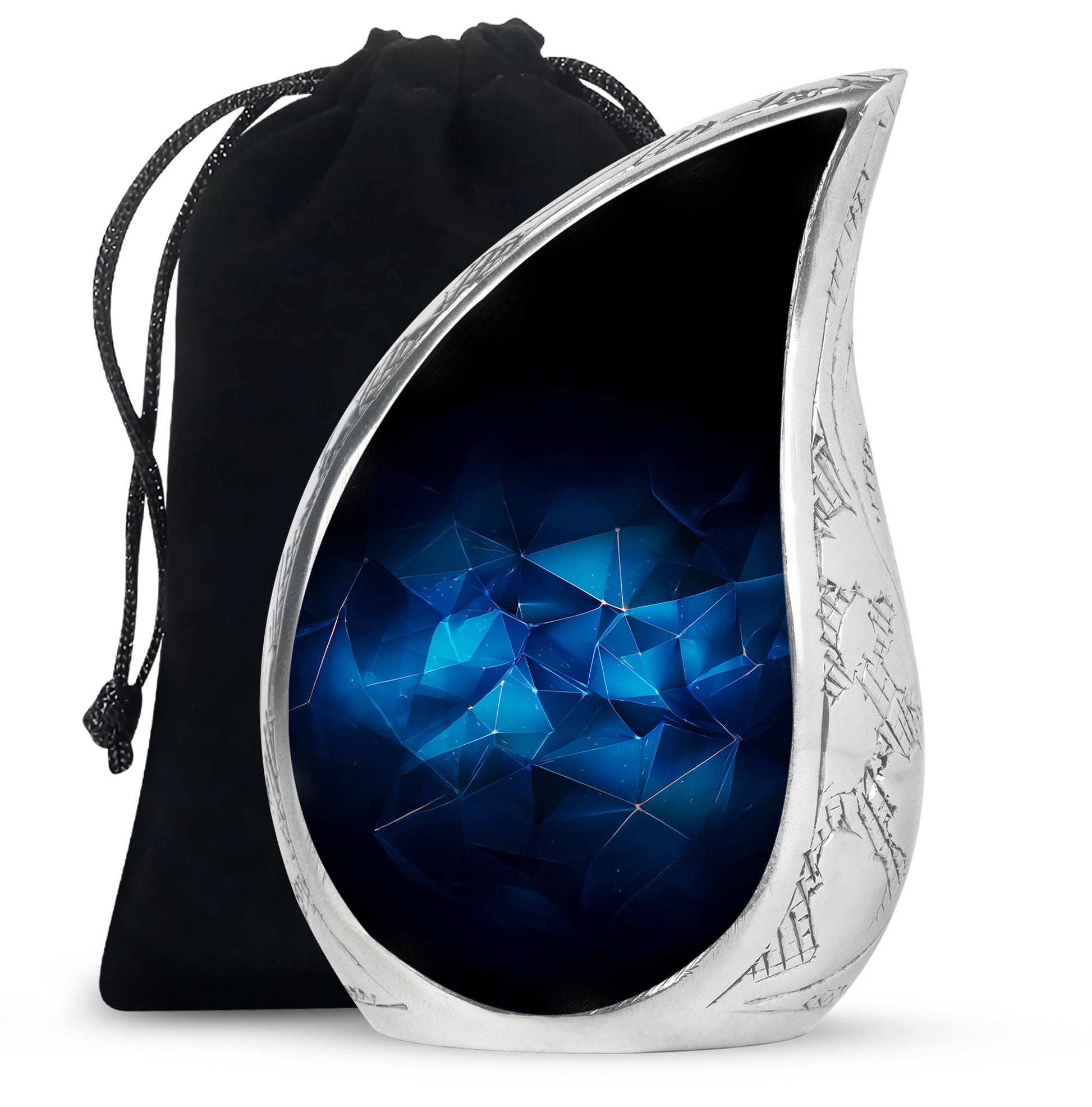 Sky Blue Blue Cremation Urn front view showing detailed design - rounded teardrop blue design with delicate detail - full-size 10 inch 200 cubic inch adult cremation urn