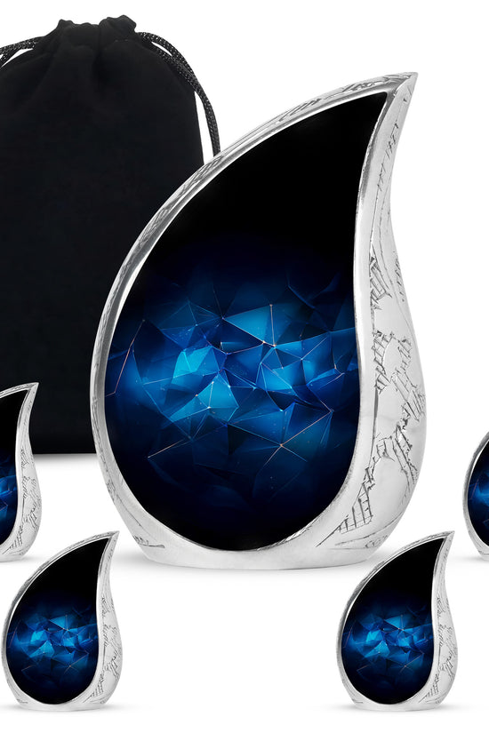 Vivid Blue Blue Cremation Urn side profile showing urn shape - smooth teardrop contour featuring blue art - memorial set with one large and four small urns