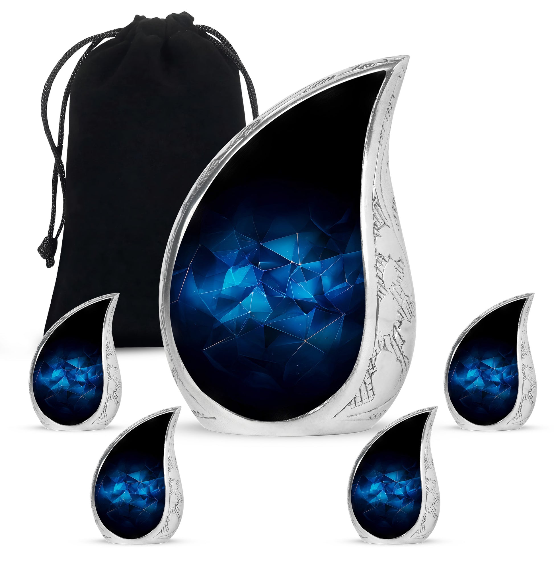 Vivid Blue Blue Cremation Urn side profile showing urn shape - smooth teardrop contour featuring blue art - memorial set with one large and four small urns