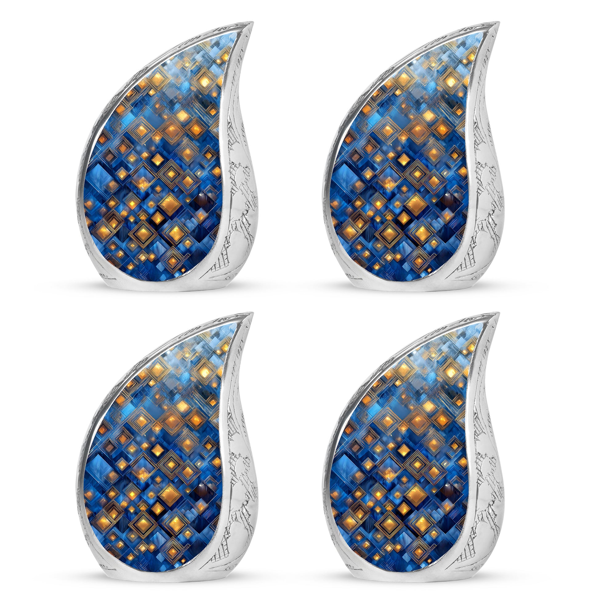 Steel Blue Blue Cremation Urn close-up of engraving and surface detail - graceful tear-shaped urn with blue motif - 10 inch aluminum urn for cremated remains