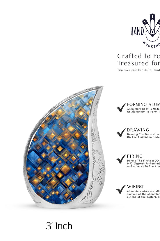 Misty Blue Blue Cremation Urn angled view of lid and engraved motif - rounded teardrop blue design with delicate detail - mini keepsake memorial for portion of cremation ashes