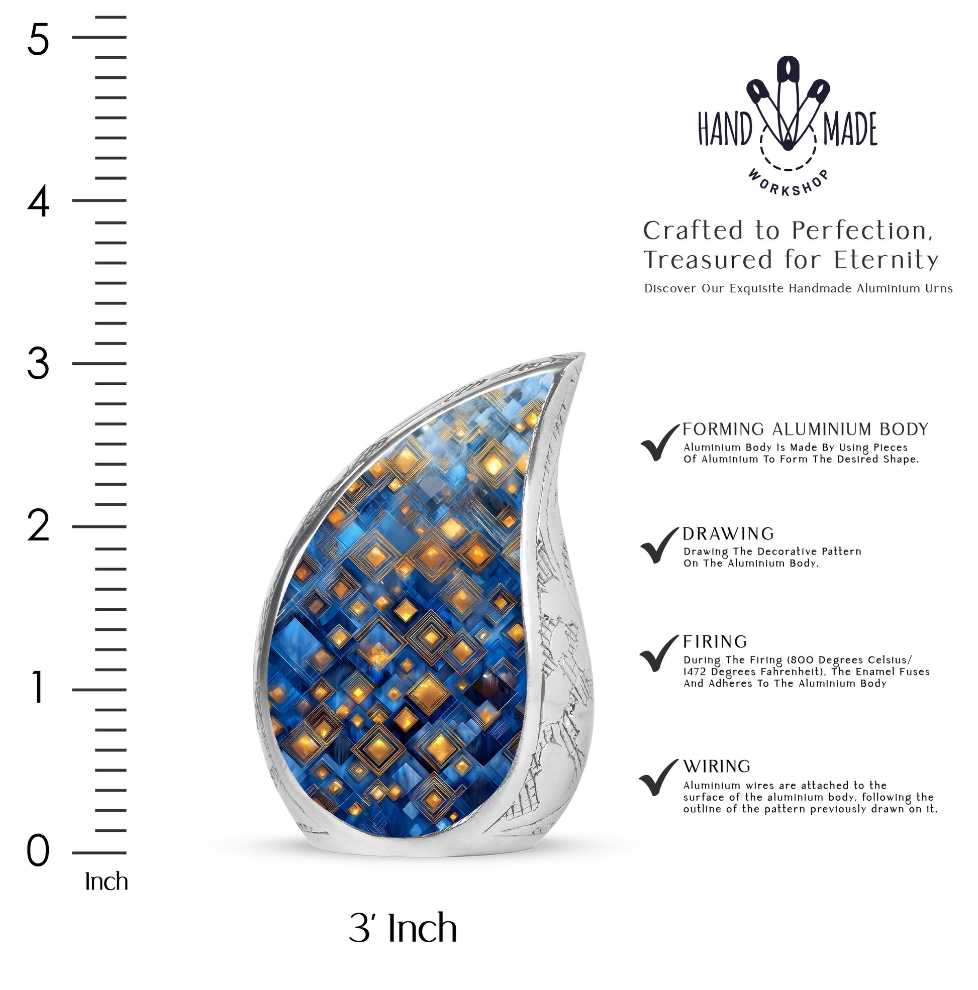 Misty Blue Blue Cremation Urn angled view of lid and engraved motif - rounded teardrop blue design with delicate detail - mini keepsake memorial for portion of cremation ashes