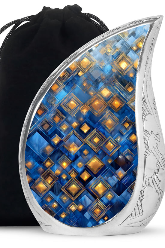 Bright Blue Blue Cremation Urn front view showing detailed design - smooth teardrop contour featuring blue art - full-size 10 inch 200 cubic inch adult cremation urn