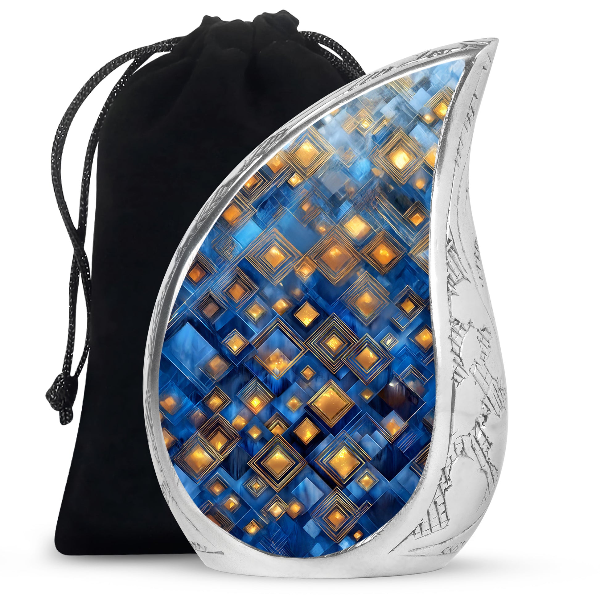 Bright Blue Blue Cremation Urn front view showing detailed design - smooth teardrop contour featuring blue art - full-size 10 inch 200 cubic inch adult cremation urn