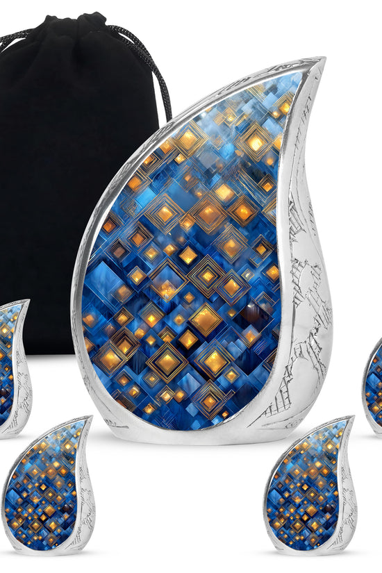 Cobalt Blue Blue Cremation Urn side profile showing urn shape - smooth teardrop contour featuring blue art - memorial set with one large and four small urns