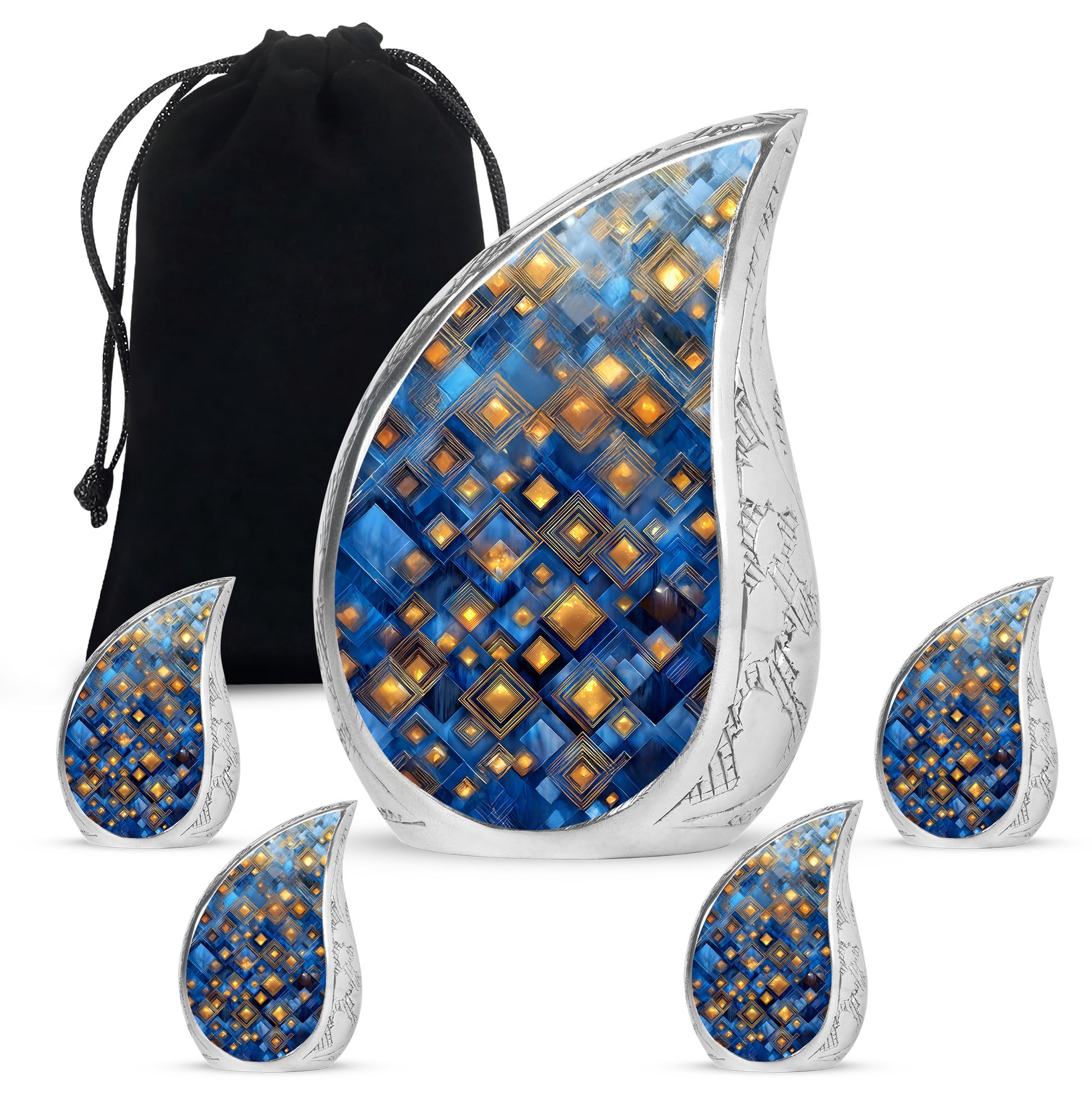 Cobalt Blue Blue Cremation Urn side profile showing urn shape - smooth teardrop contour featuring blue art - memorial set with one large and four small urns