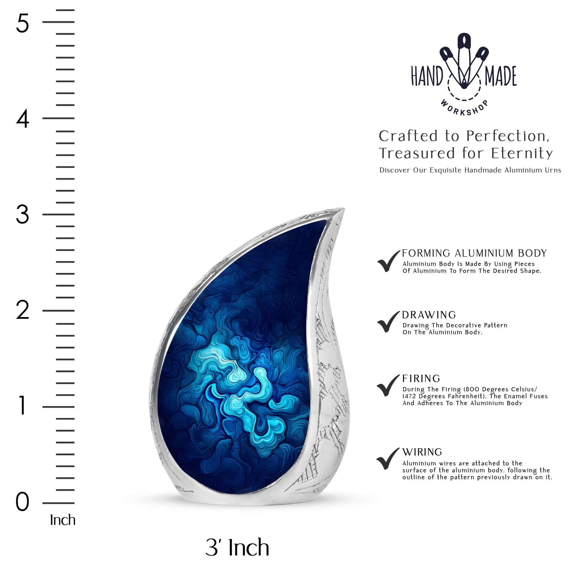 Celestial Blue Blue Cremation Urn angled view of lid and engraved motif - flowing teardrop blue silhouette on curved aluminum - mini keepsake memorial for portion of cremation ashes