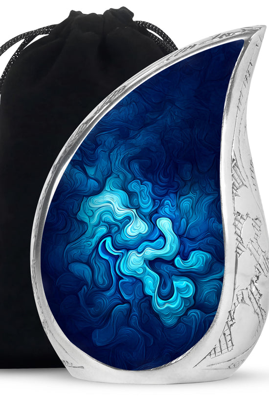 Cornflower Blue Blue Cremation Urn front view showing detailed design - smooth teardrop contour featuring blue art - full-size 10 inch 200 cubic inch adult cremation urn