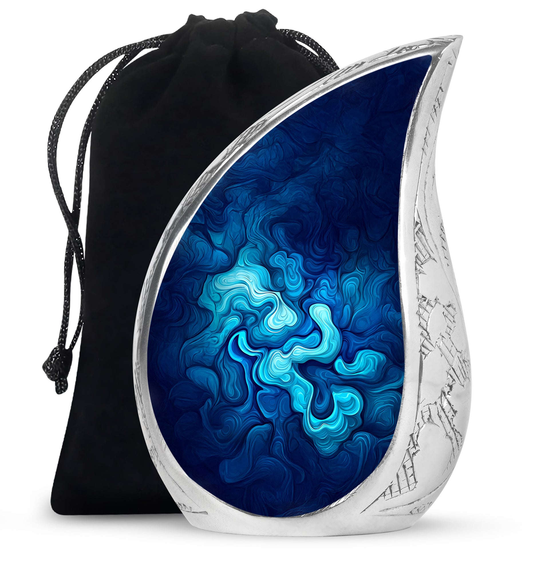 Cornflower Blue Blue Cremation Urn front view showing detailed design - smooth teardrop contour featuring blue art - full-size 10 inch 200 cubic inch adult cremation urn