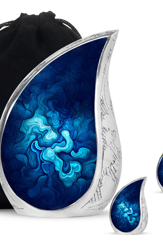 Bright Blue Blue Cremation Urn side profile showing urn shape - smooth teardrop contour featuring blue art - memorial set with one large and four small urns