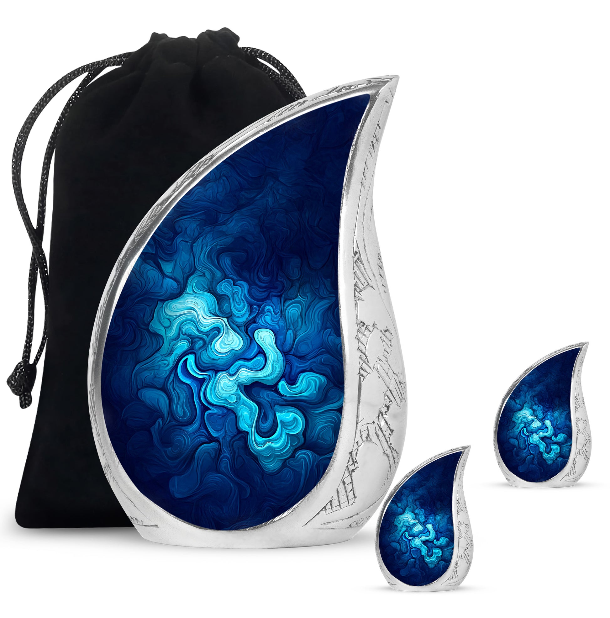 Bright Blue Blue Cremation Urn side profile showing urn shape - smooth teardrop contour featuring blue art - memorial set with one large and four small urns