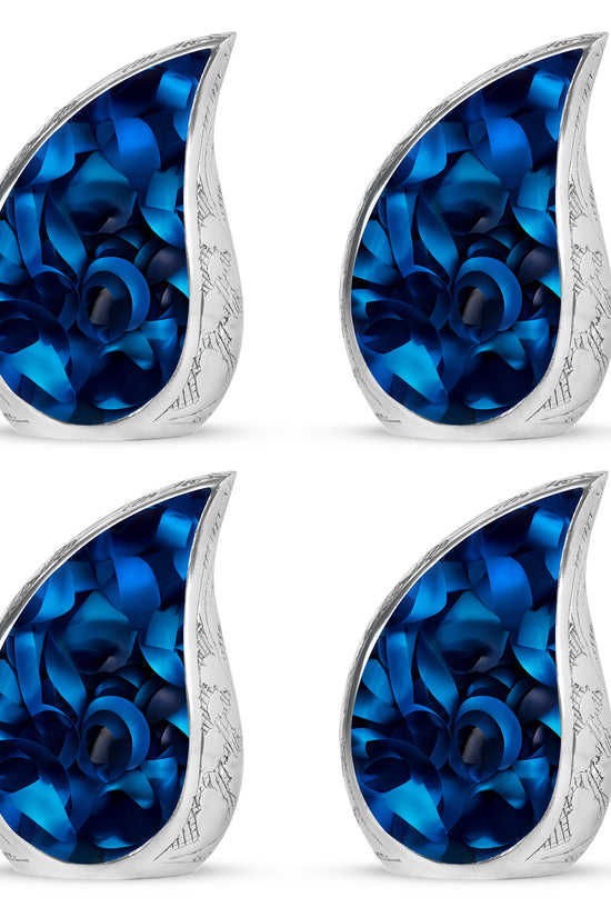Onyx Black Blue Cremation Urn close-up of engraving and surface detail - graceful tear-shaped urn with blue motif - 10 inch aluminum urn for cremated remains