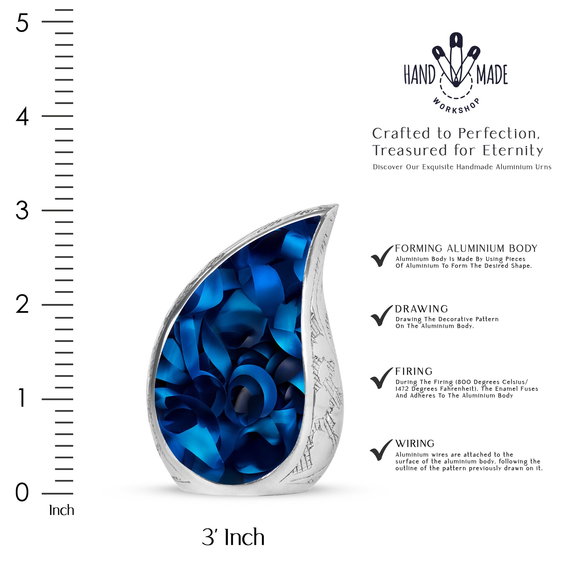 Glossy Black Blue Cremation Urn angled view of lid and engraved motif - flowing teardrop blue silhouette on curved aluminum - mini keepsake memorial for portion of cremation ashes