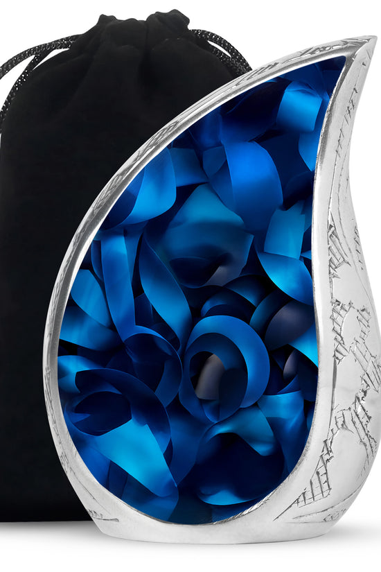 Glossy Black Blue Cremation Urn front view showing detailed design - flowing teardrop blue silhouette on curved aluminum - full-size 10 inch 200 cubic inch adult cremation urn