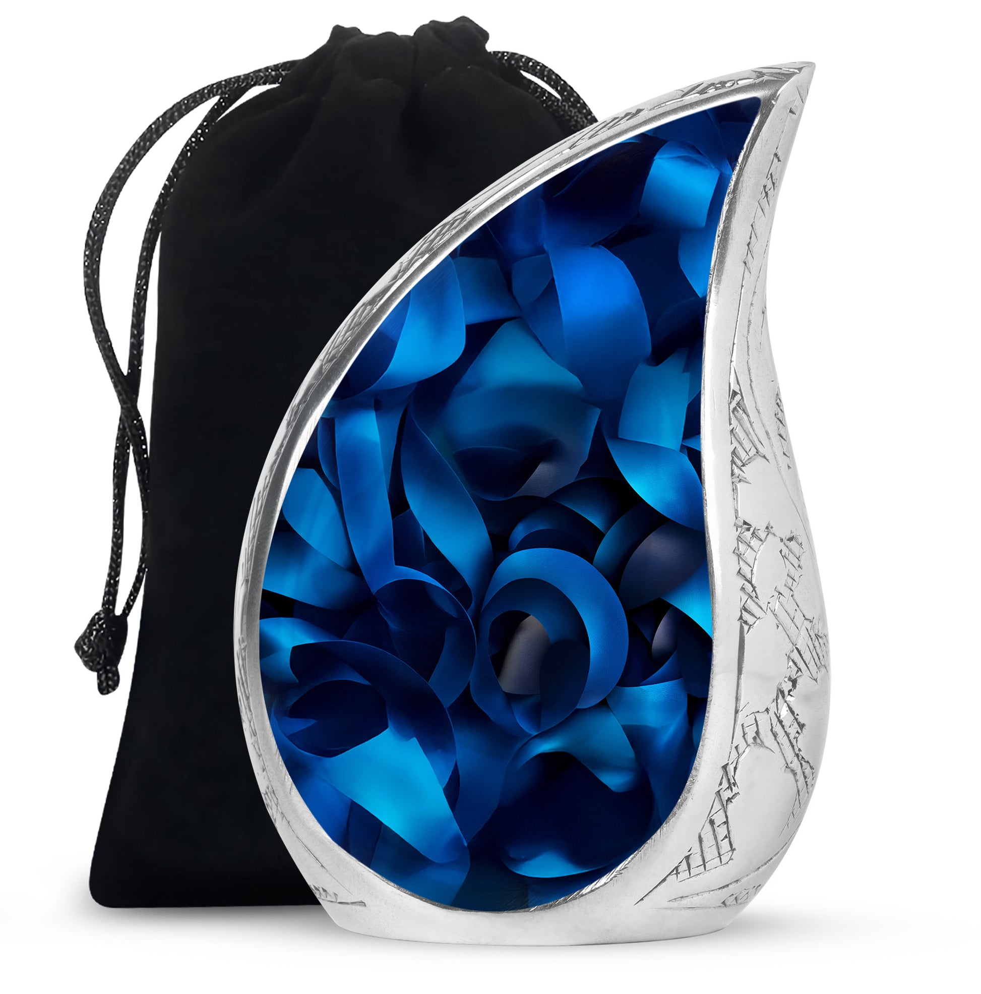 Glossy Black Blue Cremation Urn front view showing detailed design - flowing teardrop blue silhouette on curved aluminum - full-size 10 inch 200 cubic inch adult cremation urn