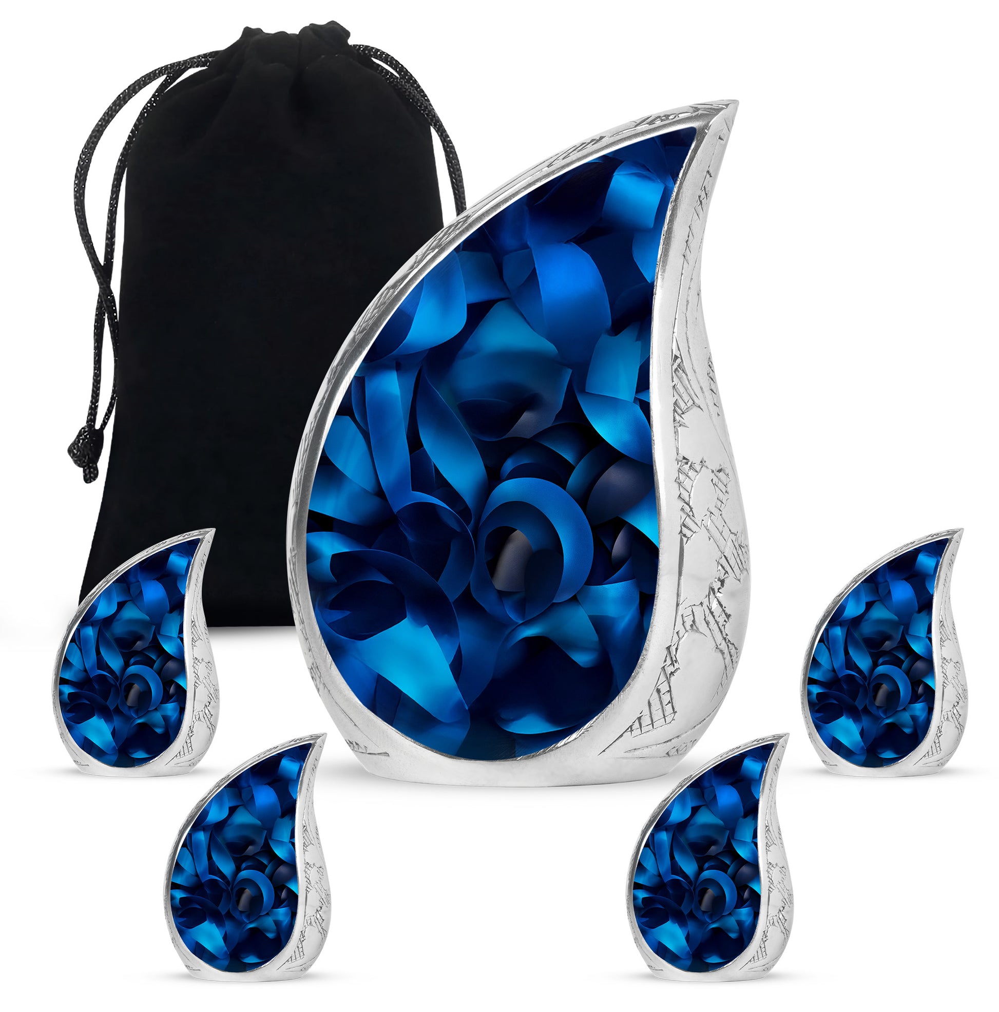 Rich Black Blue Cremation Urn side profile showing urn shape - flowing teardrop blue silhouette on curved aluminum - memorial set with one large and four small urns