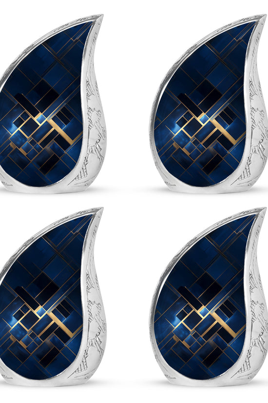Serene Blue Blue Cremation Urn close-up of engraving and surface detail - graceful tear-shaped urn with blue motif - 10 inch aluminum urn for cremated remains