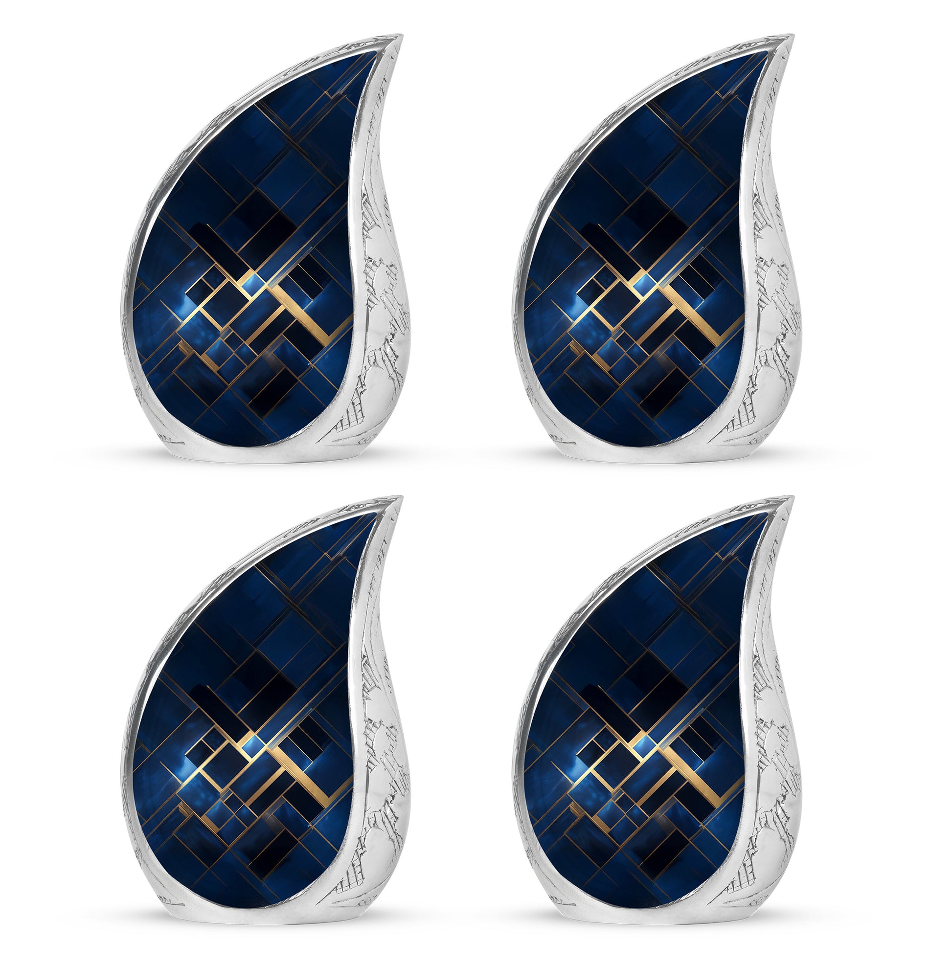 Serene Blue Blue Cremation Urn close-up of engraving and surface detail - graceful tear-shaped urn with blue motif - 10 inch aluminum urn for cremated remains