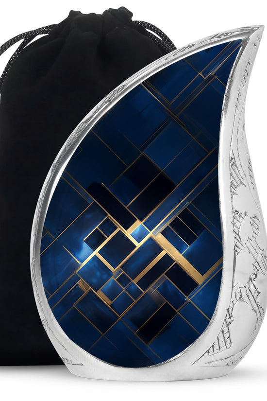 Sapphire Blue Blue Cremation Urn front view showing detailed design - graceful tear-shaped urn with blue motif - full-size 10 inch 200 cubic inch adult cremation urn